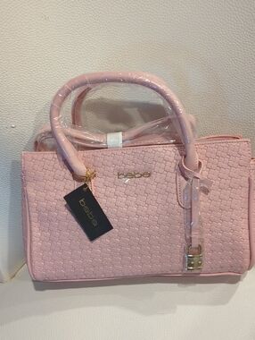 bebe Pink Woven Crossbody Satchel with Gold Hardware